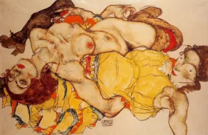 Two Girls Lying Entwined Oil painting by Egon Schiele