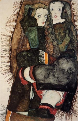 Two Girls on a Fringed Blanket Oil painting by Egon Schiele