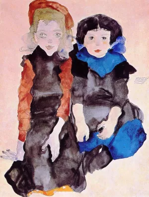 Two Little Girls painting by Egon Schiele