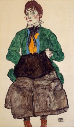 Woman in a Green Blouse and Muff Oil painting by Egon Schiele