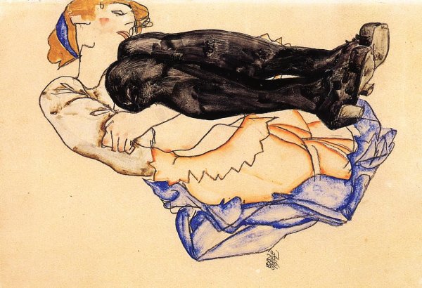Main Product Photo of Woman with Blue Stockings Painting by Egon Schiele