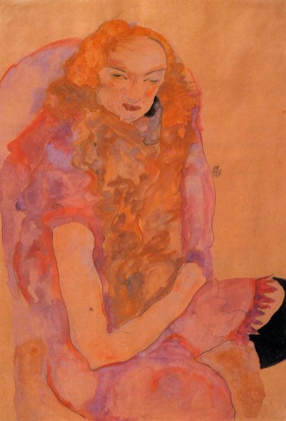 Woman with Long Hair by Egon Schiele - Hand-Painted Oil Painting Reproduction