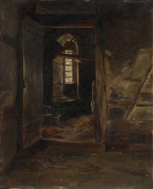 Interior from a Cowshed by Eilif Peterssen Oil Painting