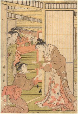 Three Women at Open Door by Eishi Hosoda Oil Painting