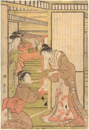 Three Women at Open Door Oil painting by Eishi Hosoda