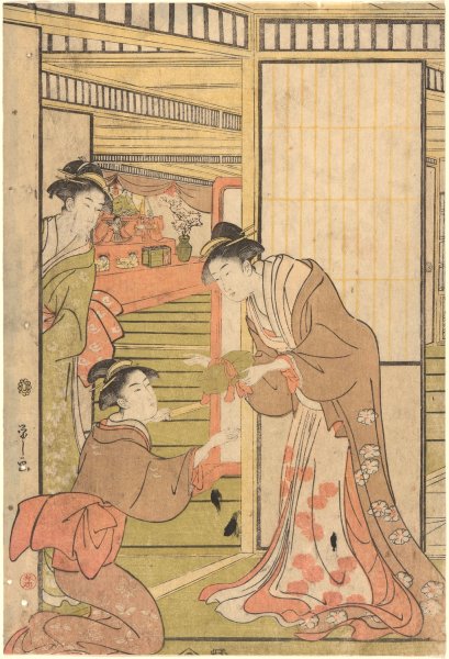 Three Women at Open Door  by Eishi Hosoda - Hand-Painted Oil Painting Reproduction