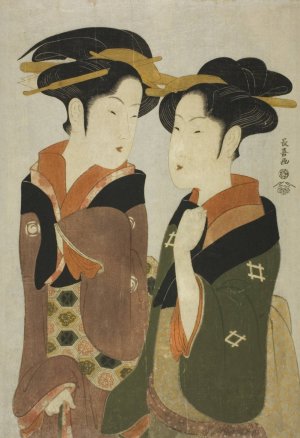 Kan, a waitress of the Izutsuya, and the geisha Fuseya of the Ogiya by Eishosai Choki Oil Painting