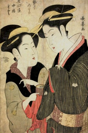 Moto, a Waitress of the Yoshidaya, and the Geisha Mizue by Eishosai Choki Oil Painting