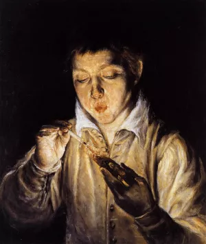 A Boy Blowing on an Ember to Light a Candle Soplon