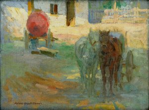 Farm Yard with Yoked Horses by Elemir Halasz-Hradil Oil Painting
