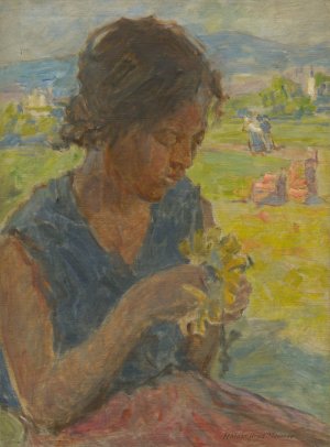 Girl with a sunflower by Elemir Halasz-Hradil Oil Painting