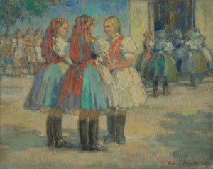 Girls in traditional costume by Elemir Halasz-Hradil Oil Painting