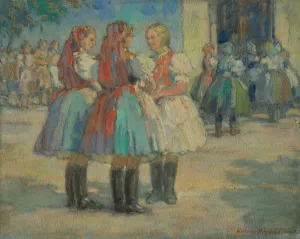 Girls in traditional costume by Elemir Halasz-Hradil Oil Painting