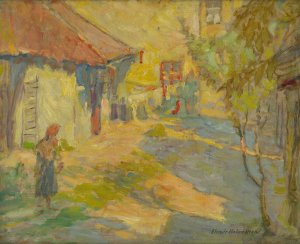 In the yard by Elemir Halasz-Hradil Oil Painting