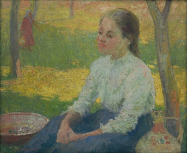Peasant Girl in a Garden  by Elemir Halasz-Hradil - Hand-Painted Oil Painting Reproduction