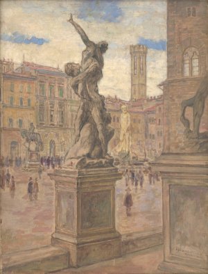 Square in Italy - Florence by Elemir Halasz-Hradil Oil Painting