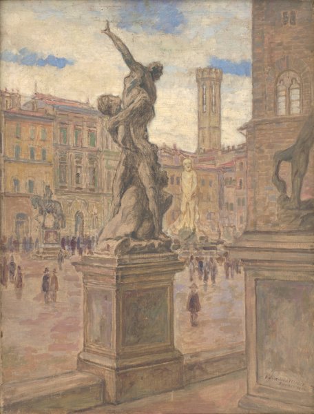 Square in Italy - Florence  by Elemir Halasz-Hradil - Hand-Painted Oil Painting Reproduction
