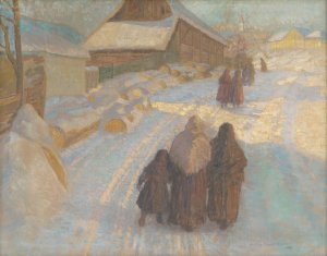 Winter in the village by Elemir Halasz-Hradil Oil Painting
