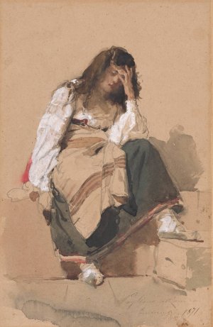 A Seated Peasant Girl In Contemplation Oil painting by Eleuterio Pagliano