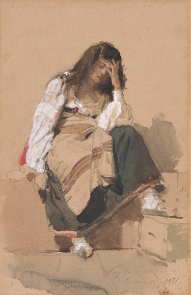 A Seated Peasant Girl In Contemplation  by Eleuterio Pagliano - Hand-Painted Oil Painting Reproduction