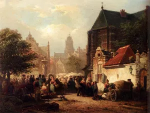 A Market Day In Zaltbommel by Elias Pieter Van Bommel Oil Painting