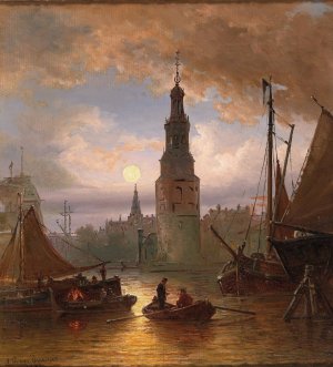 A view of Amsterdam in the moonlight by Elias Pieter Van Bommel Oil Painting