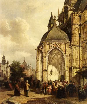 Figures At The Entrance Of The St. Stevens Church, Nijmegen by Elias Pieter Van Bommel - Oil Painting Reproduction