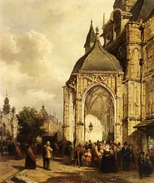 Figures At The Entrance Of The St. Stevens Church, Nijmegen Oil painting by Elias Pieter Van Bommel