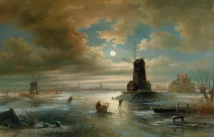 Moonlit Night in Winter Outside Amsterdam Oil painting by Elias Pieter Van Bommel