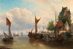 Sailboats in the harbour by Elias Pieter Van Bommel Oil Painting