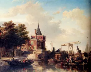 View Of The Schreierstoren, Amsterdam, In Summer by Elias Pieter Van Bommel - Oil Painting Reproduction