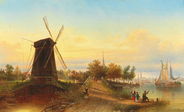 Main Product Photo of Watermill Near Amsterdam Painting by Elias Pieter Van Bommel