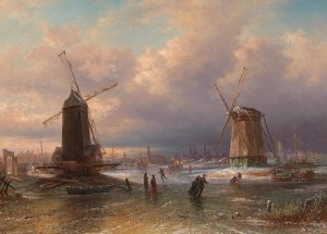 Winter Pleasures on the Ice outside a Dutch Town by Elias Pieter Van Bommel Oil Painting