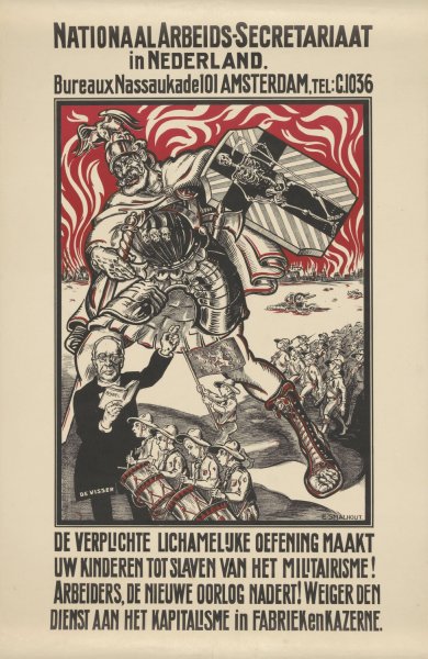 Affiche tegen militarisme uitgegeven door het Nationale Arbeiders Secretariaat in Nederland  by Elias Smalhout - Hand-Painted Oil Painting Reproduction