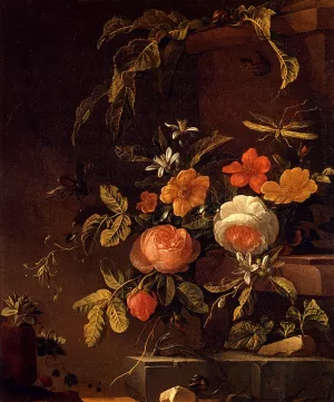 Flowers In A Landscape With A Lizard by Elias Van Den Broeck - Oil Painting Reproduction