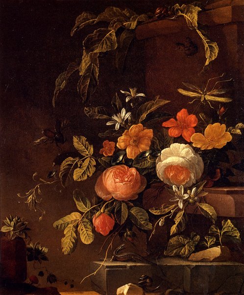 Main Product Photo of Flowers In A Landscape With A Lizard Painting by Elias Van Den Broeck