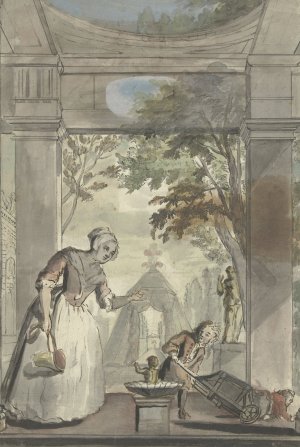 Dienstmaagd bij jongen die kind uit kruiwagen laat tuimelen by Elias Van Nijmegen Oil Painting