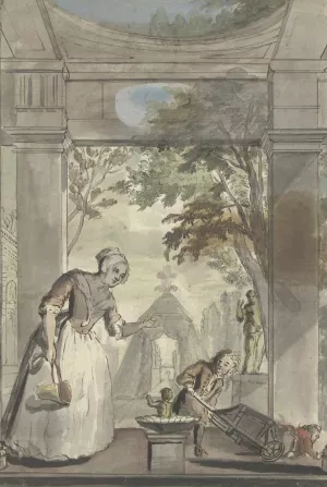 Dienstmaagd bij jongen die kind uit kruiwagen laat tuimelen by Elias Van Nijmegen Oil Painting