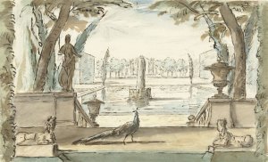 Gezicht in een tuin met een vijver, een fontein en een pauw by Elias Van Nijmegen Oil Painting