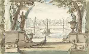 Gezicht in een tuin met een vijver, een fontein en een pauw by Elias Van Nijmegen Oil Painting