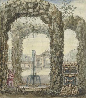 Ontwerp voor een kamerbeschildering met stenen bogen met een fontein en zicht op een tuin by Elias Van Nijmegen Oil Painting