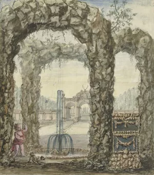 Ontwerp voor een kamerbeschildering met stenen bogen met een fontein en zicht op een tuin by Elias Van Nijmegen Oil Painting