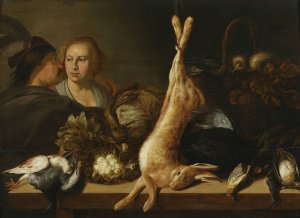 Stand with vegetables and a hare by Elias Vonck Oil Painting