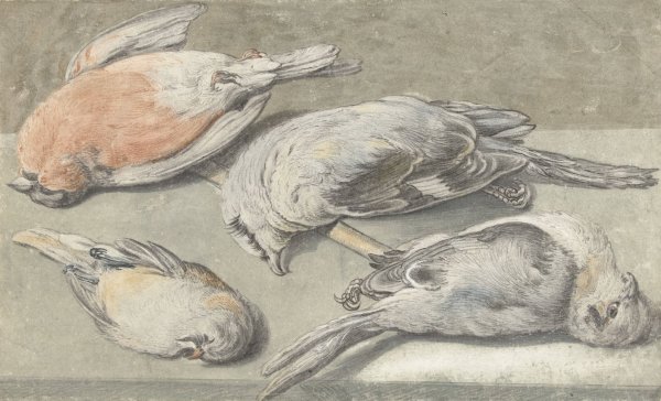 Main Product Photo of Still Life with Four Dead Birds  Painting by Elias Vonck