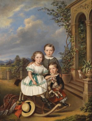 Portrats dreier Kinder vor einem Gartenpavillon by Elisabeth Modell Oil Painting