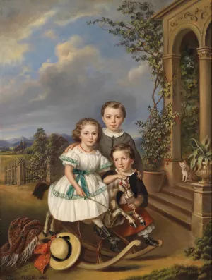 Portrats dreier Kinder vor einem Gartenpavillon by Elisabeth Modell Oil Painting