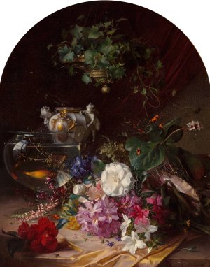 Still life with flowers, a porcelain vase, and a goldfish bowl by Elise Puyroche-Wagner Oil Painting