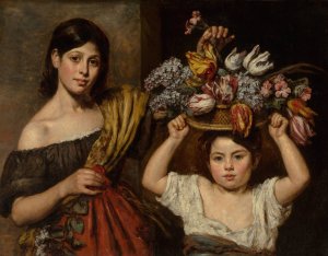 Two young children with a basket of flowers by Elizabeth Emma Soyer Oil Painting
