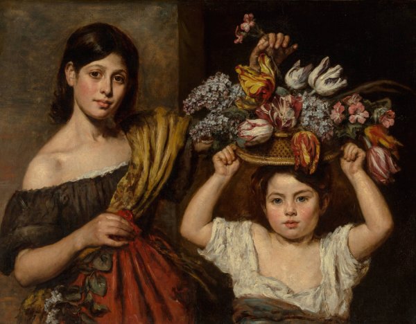 Two young children with a basket of flowers  by Elizabeth Emma Soyer - Hand-Painted Oil Painting Reproduction