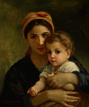 Copy of 'Young Girl and Child' by Elizabeth Jane Gardner Bouguereau Oil Painting
